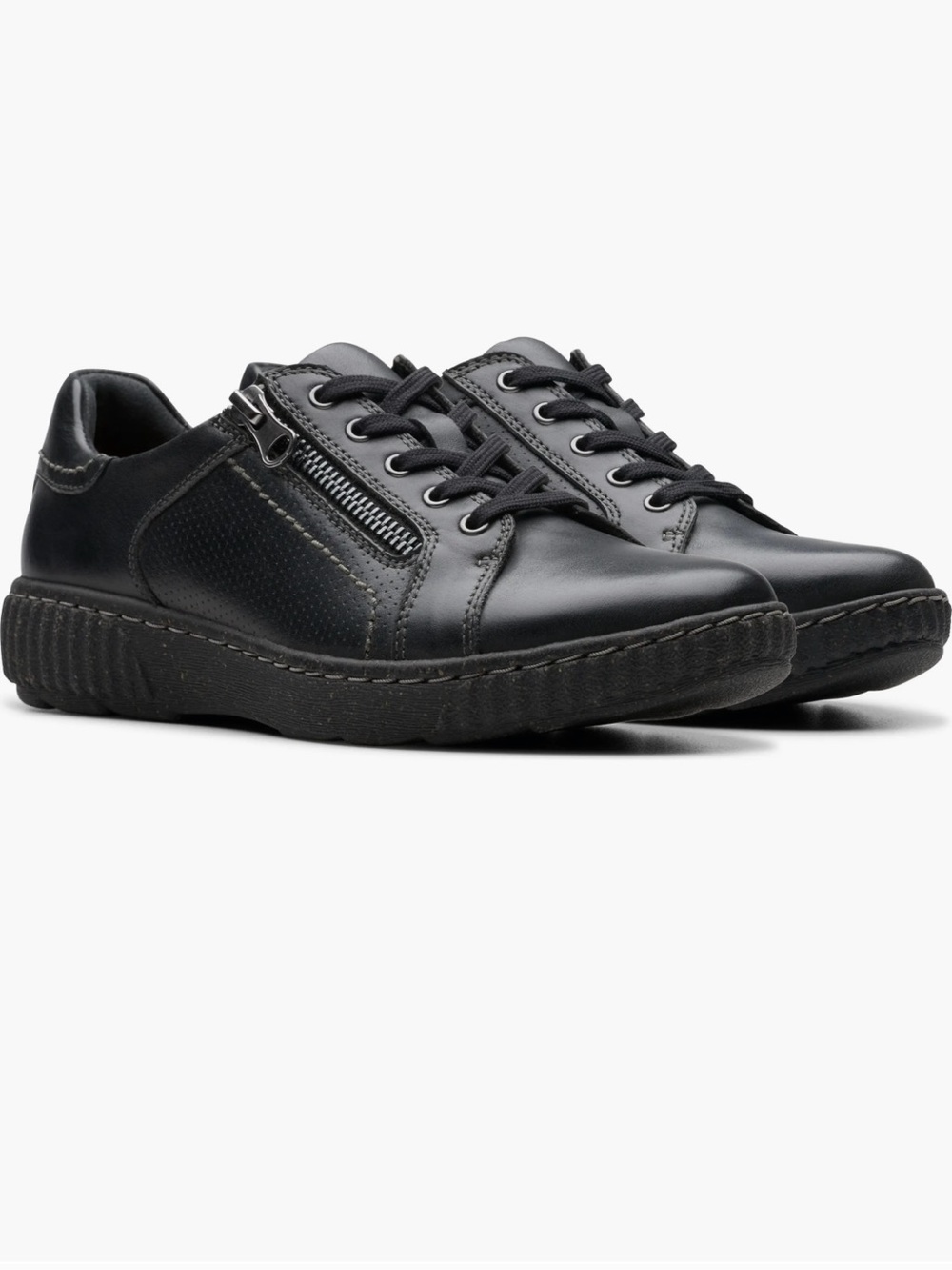 Clarks Women's Black Leather Lace-Up Sneakers with Side Zip